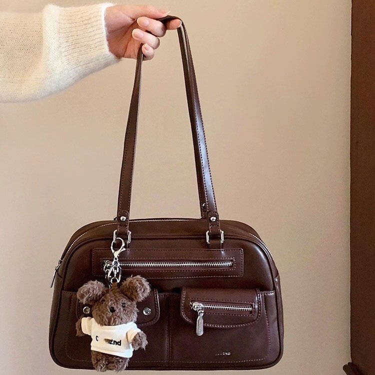 Vintage Boston Pillow Bag for Women, Large Capacity Commuting Shoulder Bag, Korean Style Versatile Brown Handbag Wholesale Vintage Boston Pillow Bag for Women, Large Capacity Commuting Shoulder Bag, Korean Style Versatile Brown Handbag Wholesale