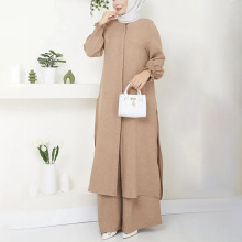 中长袖女装两件套时尚优雅纯色侧边开叉长衫阔腿裤长袍阿拉伯风