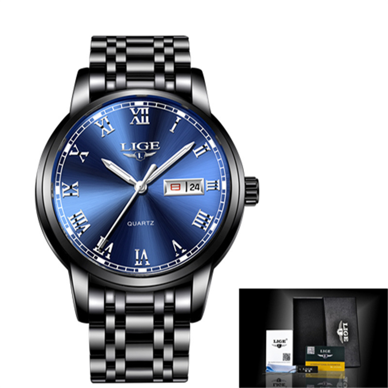 LIGE 9846-Semana banda de acero disco reloj de negocios elegante personalidad calendario hombres reloj casual transfronterizo