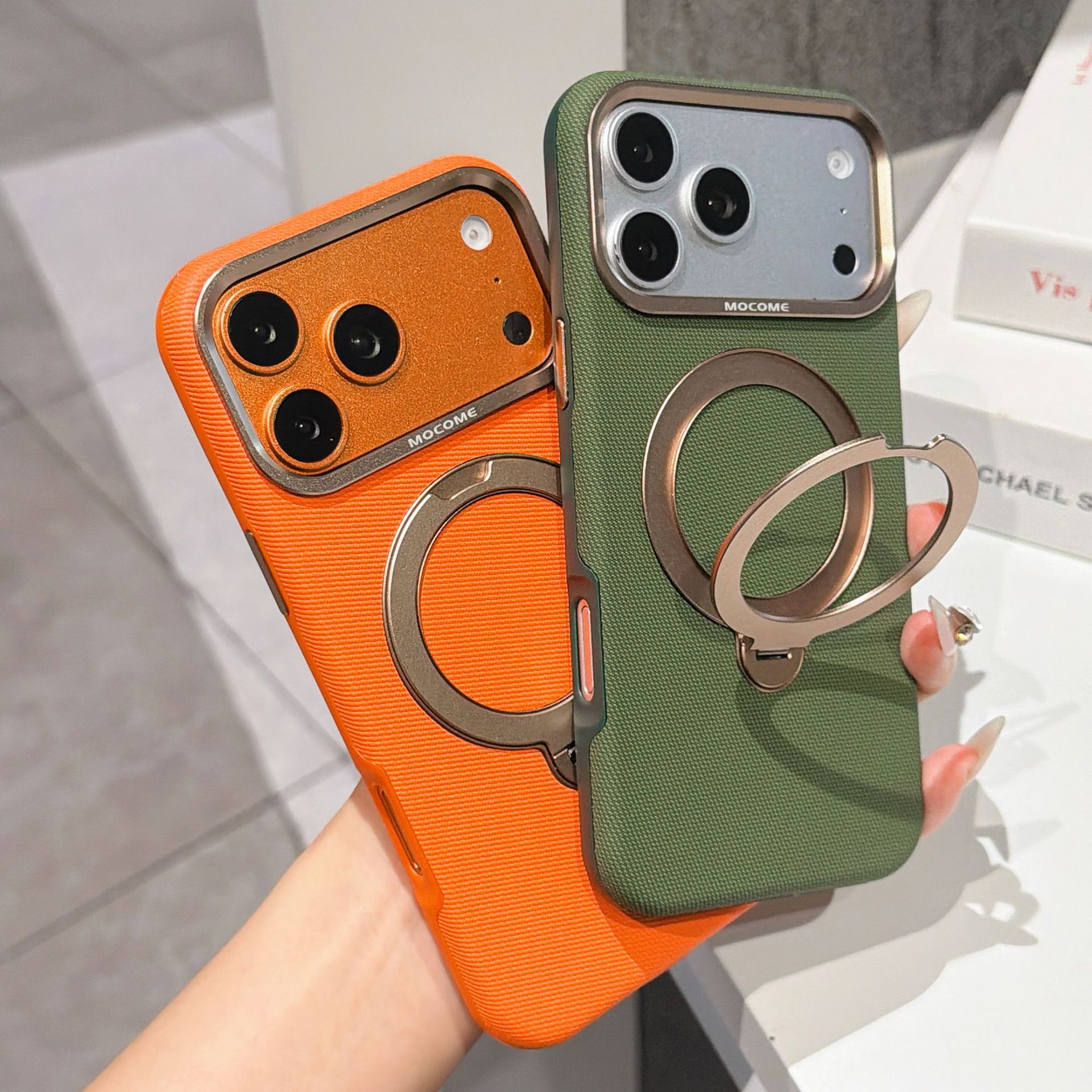 Ốp lưng da iPhone 16/17 Pro Max có vòng xoay 360 độ, nam châm hút, chống sốc viền dày — Đen, Nâu, Tím, Xanh dương chi tiết 19