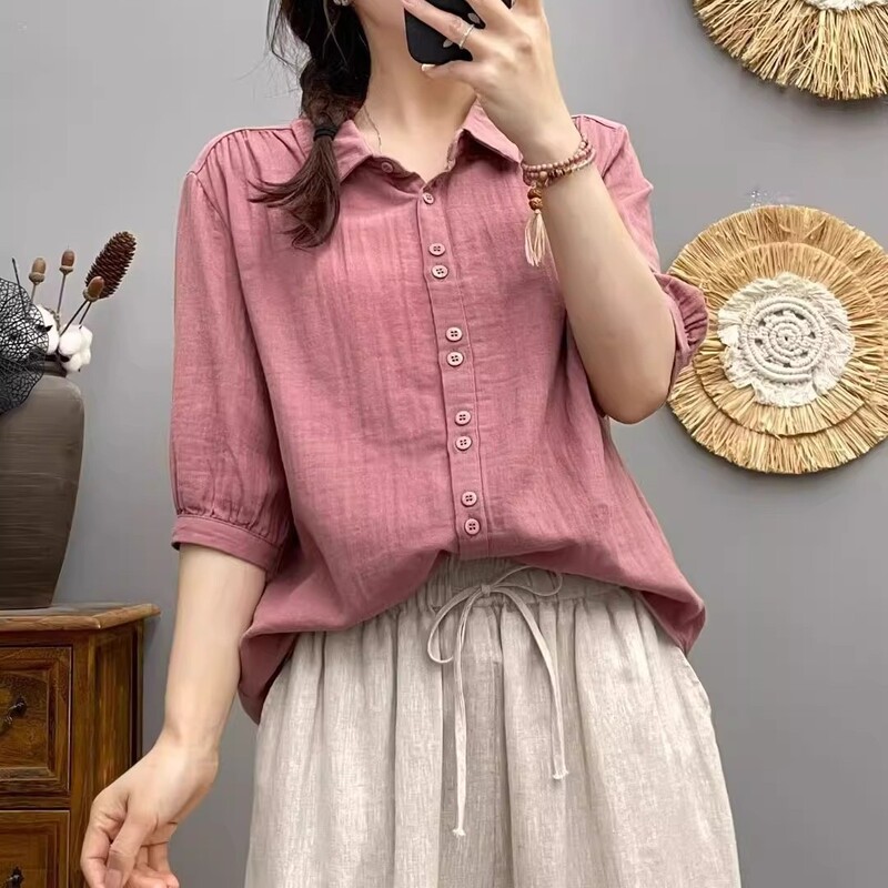 Double-Layer Cotton Gauze Short-Sleeved Shirt for Women, Summer Wear, Export to Japan, High-Quality, Soft, Skin-Friendly, Breathable, Solid Color Top Double-Layer Cotton Gauze Short-Sleeved Shirt for Women, Summer Wear, Export to Japan, High-Quality, Soft, Skin-Friendly, Breathable, Solid Color Top