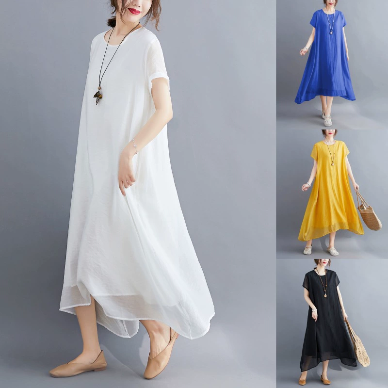 Настоящая стрельба спот 2025 новый женский большой размер толстый мм округлый воротник темперамент шелковое хлопковое платье рыхлое тонкое