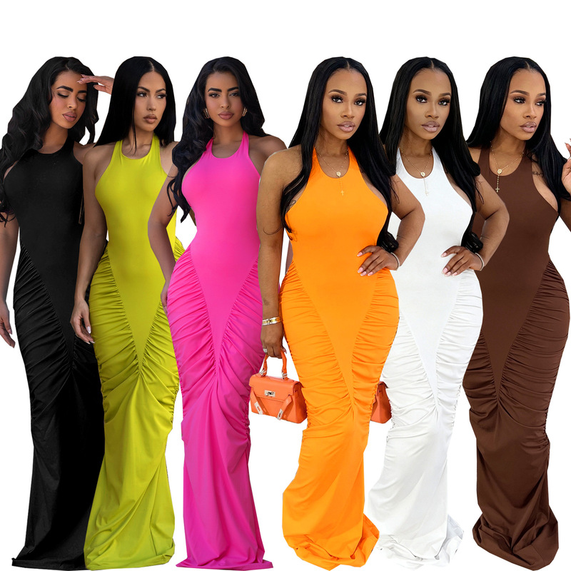 Tw862 Amazon European and American Women's Fashion Long Dress with Waist-Cinching Pleats, Halter Neck, Backless, Hip-Hugging, Sexy Solid Color Dress Tw862 Amazon European and American Women's Fashion Long Dress with Waist-Cinching Pleats, Halter Neck, Backless, Hip-Hugging, Sexy Solid Color Dress