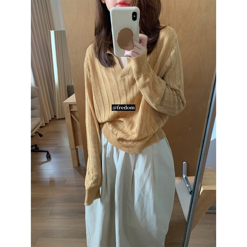 Autumn Outfit with a Vintage Style: Women's Early Autumn Korean Fashion Chic V-Neck Knit Sweater with a High-End Feel