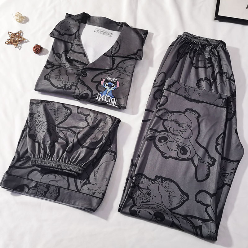 Stitch Three-Piece Pajama Set for Men, Short-Sleeved Long Pants, Summer 2026 New Japanese Style Men's Loungewear Set, Cartoon