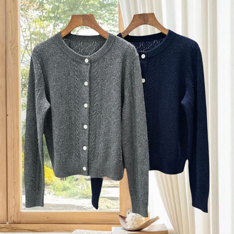 Xiaohejia Cut Out Hole Twisted Cashmere Cardigan 2024 Autumn and Winter New Retro Korean Long-Sleeved Knitted Bottoming Shirt