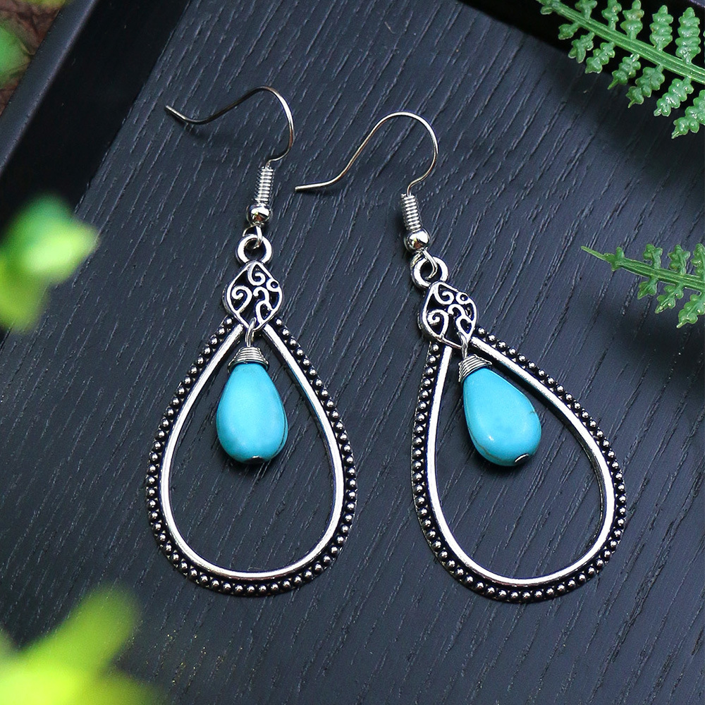 December Birthstone Turquoise Inlay Material 1 Pair Ethnic Style Color Block Inlay Alloy Turquoise Drop Earrings