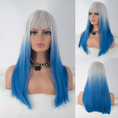Europe and the United States gradient straight hair wig female discoloration long straight hair multicolor wig caps 