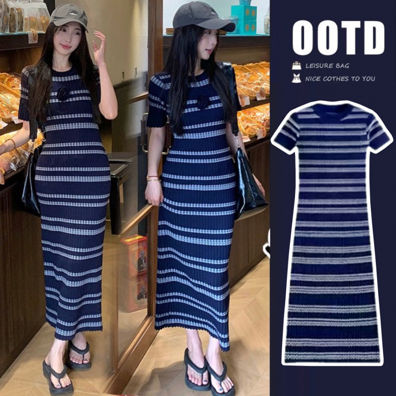 网红孕妇连衣裙夏季新款辣妈长裙时尚显瘦撞色条纹显瘦针织裙子女