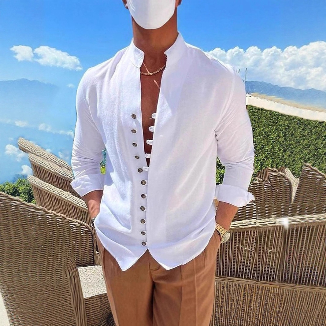 跨境 速卖通 亚马孙Wish ebay 新款男士复古棉麻休闲宽松长袖衬衫