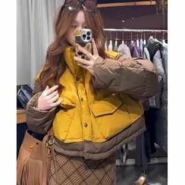 冬季欧货2025新款美拉德穿搭宽松黄咖拼色立领短款棉衣棉服外套女