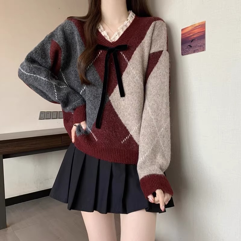 酒红色菱格毛衣女2025新款蕾丝V领针织衫慵懒风复古秋冬上衣潮|undefined