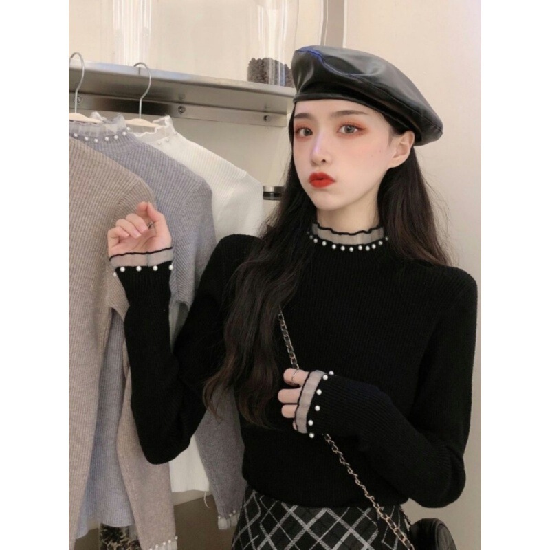 High-Bottom Chic Slim Half Turtleneck Sweater for Women with Design Lace Lace Pearl Half Turtleneck Long Sleeve Bottoming Women's Clothing