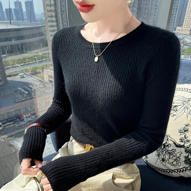 简约厚款圆领100羊毛衫女秋冬打底衫上衣修身新款百搭毛衣抽条|undefined