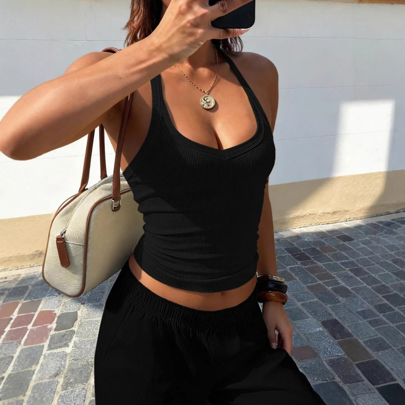 2026 European and American Cross-Border Women's Ribbed Tank Top, Summer Basic Style, Sexy Slim-Fit Camisole, V-Neck Outerwear Tank Top