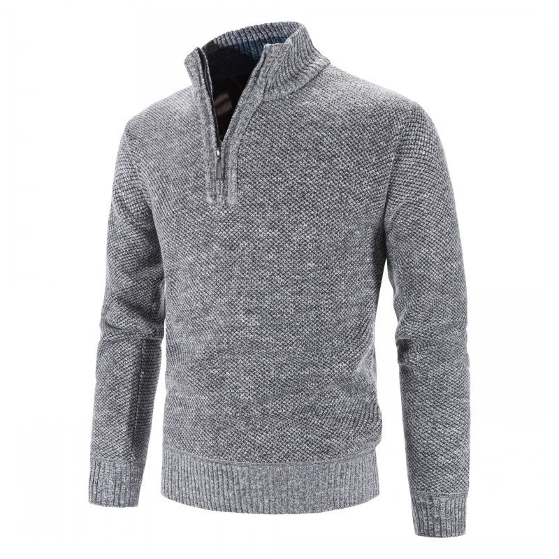 ウール混ニットジップセーター、スタンドカラー、リブ袖、色展開ブルー/レッド/グレー/ブラウン、M–3XL
