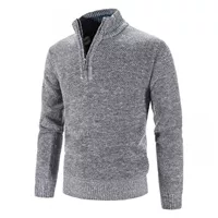 ウール混ニットジップセーター、スタンドカラー、リブ袖、色展開ブルー/レッド/グレー/ブラウン、M–3XL