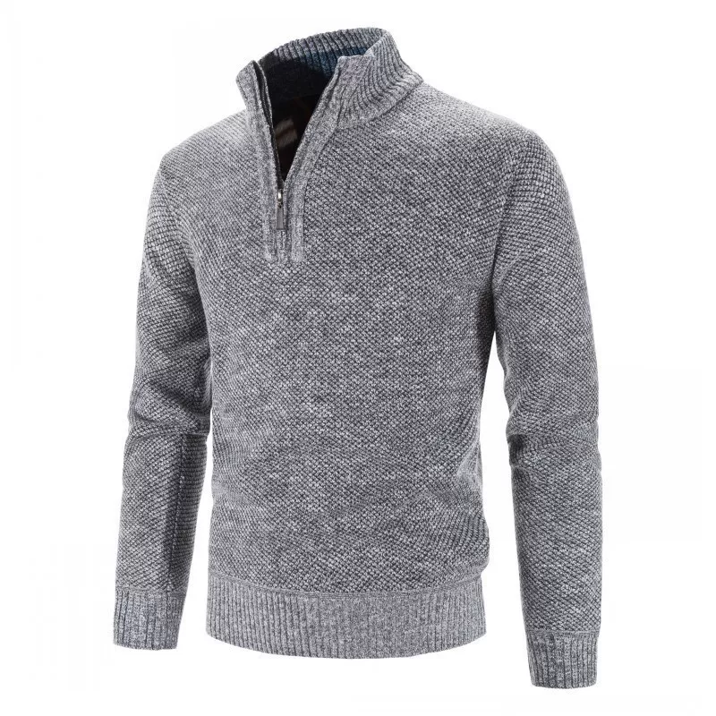 ウール混ニットジップセーター、スタンドカラー、リブ袖、色展開ブルー/レッド/グレー/ブラウン、M–3XL