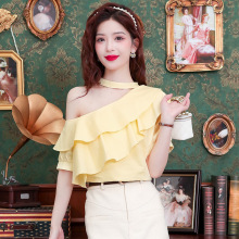 短袖雪纺衬衫女2025年新款夏季爆款荷叶边别致挂脖露肩设计感上衣