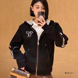 双色卡毛织提花连帽针织羊毛男女开衫拉链毛衣图片色日韩休闲