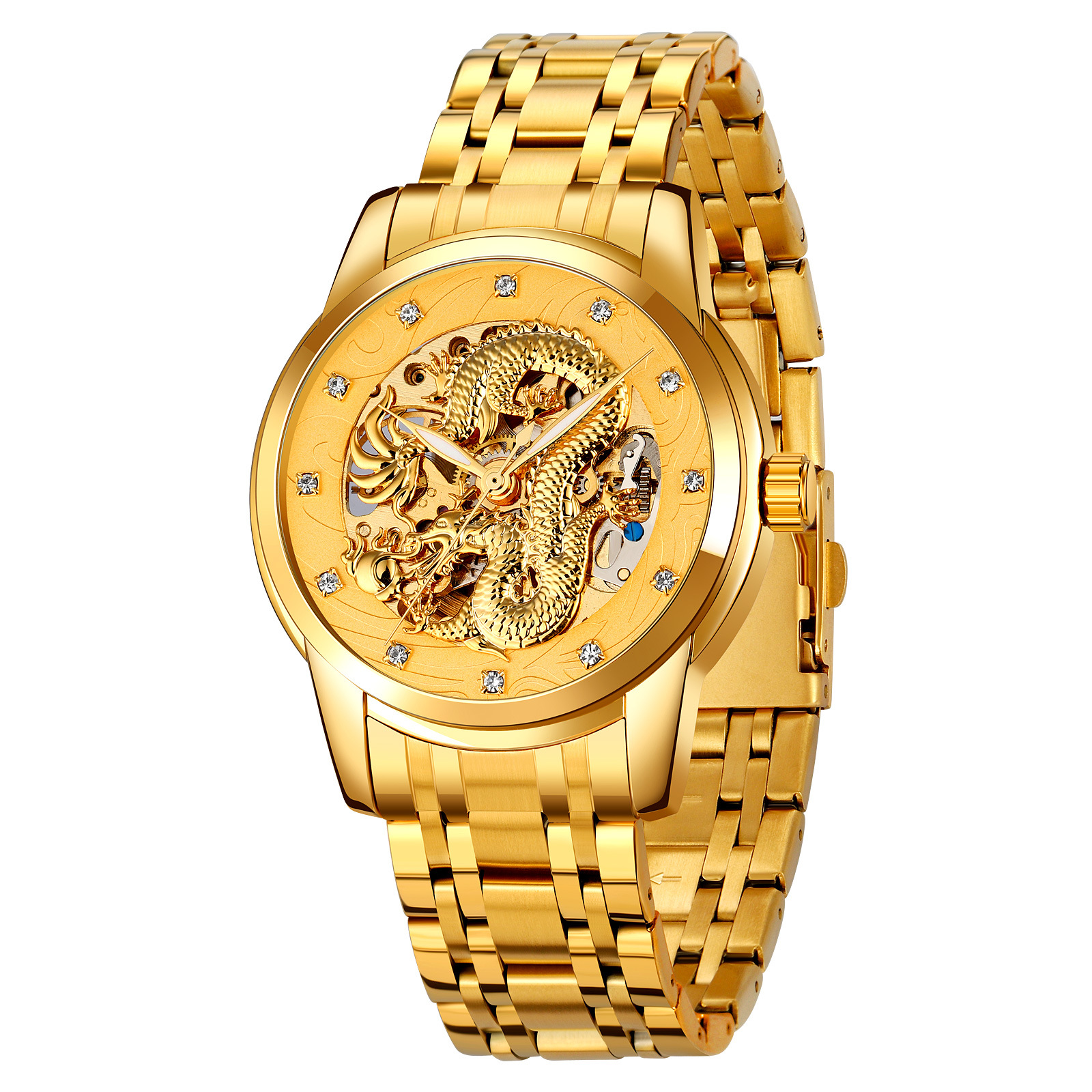 Momento de belleza en relieve de oro dragón penetrante reloj mecánico con diamante correa de acero impermeable reloj de hombre comercial personalizado transfronterizo al por mayor