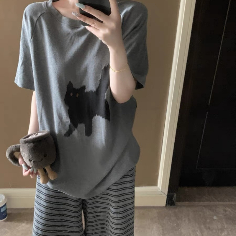ストライプ子猫プリントコットンパジャマ女性のための夏 2025 新しいかわいい半袖ホーム服セット屋外で着用可能|undefined