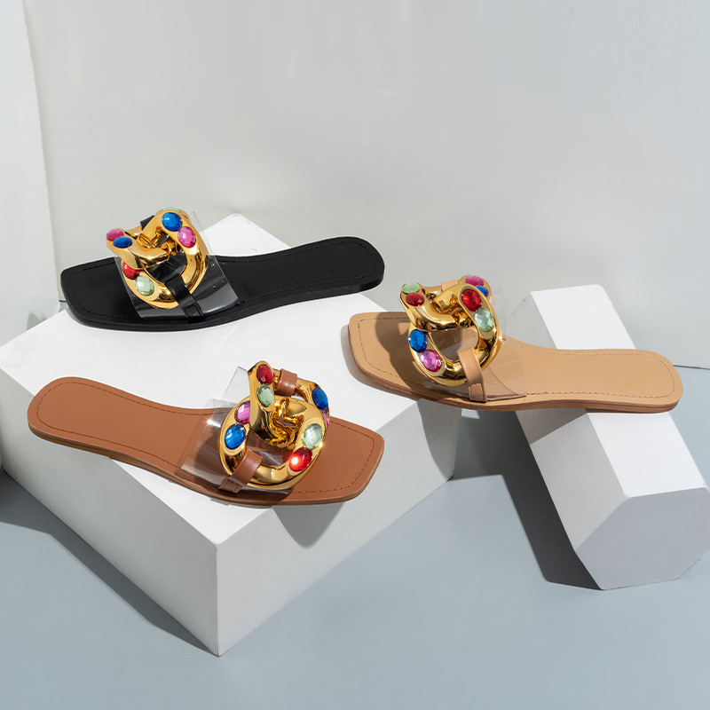 Diapositivas con borde cruzado, nuevas sandalias planas de diamantes de imitación de color caramelo para mujer, zapatillas transparentes con hebilla de Metal a la moda para mujer_voghion.com