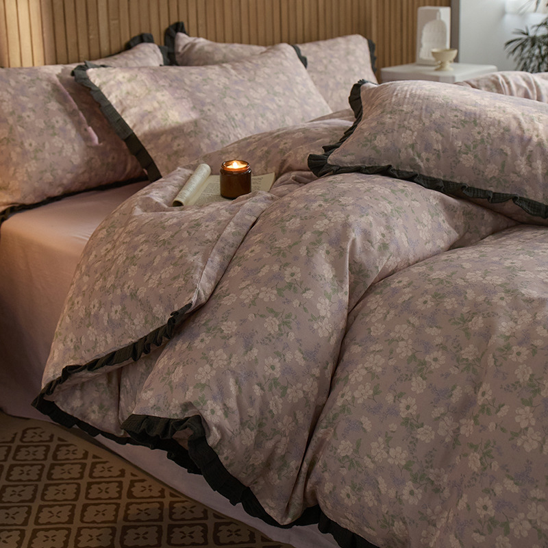 Conjunto de cama de quatro peças em algodão puro, estilo vintage boho francês nórdico, com capa de edredom de renda de gaze texturizada, em algodão de alta qualidade._voghion.com