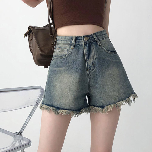 Vintage Raw Hem Denim Short Women's Instagram Hot Girl Summer A-line Hot Pants American Tassel Design High-Waisted Wide Leg Shorts