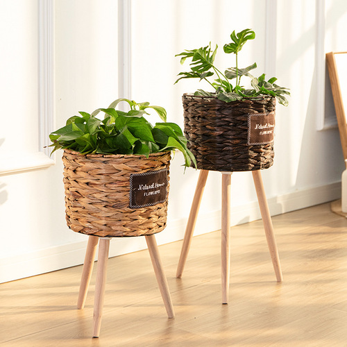 Woven flower pots, straw flower baskets, rattan floor-standing wooden high flower stands, living room decoration, reed woven flower pots