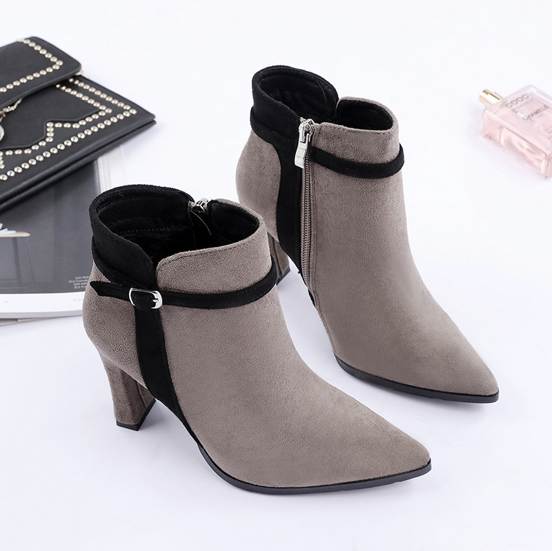 2025 Spring and Autumn European and American New Pointed Toe Stiletto Short Boots Women's Suede Splicing Fashion High Heel Boots Dropshipping