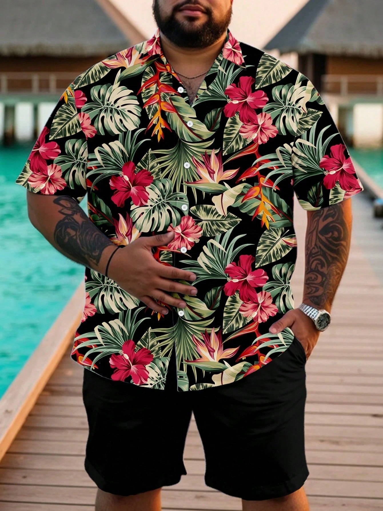 Comercio exterior transfronterizo retro camisa de botón de verano set de pantalones cortos 3D impresión casual vacaciones cardigan hombre set de dos piezas