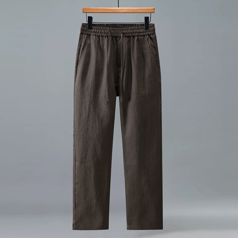 3047 Linen Casual Business Pants Men's Elastic Waist Straight-Leg Drawstring Lace-Up Loose Thin Breathable Casual Men's Pants