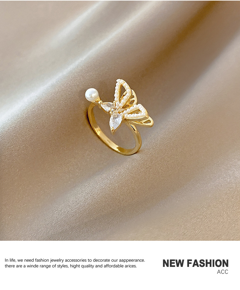 Butterfly Personality Pearl Zircon Temperament Finger Ring display picture 6