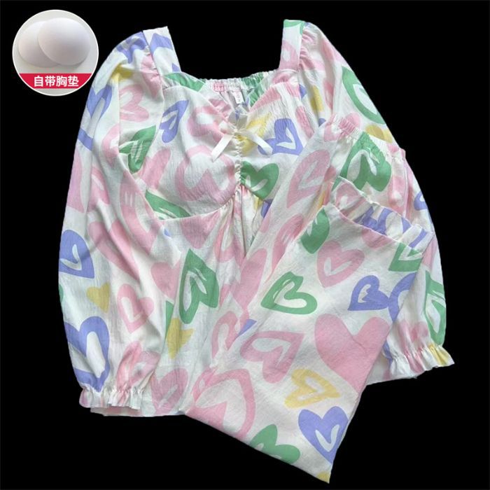 Pijamas de primavera y otoño, pantalones de manga larga, nubes de algodón, almohadilla de pecho dulce, conjunto de dos piezas, ropa de hogar simple.