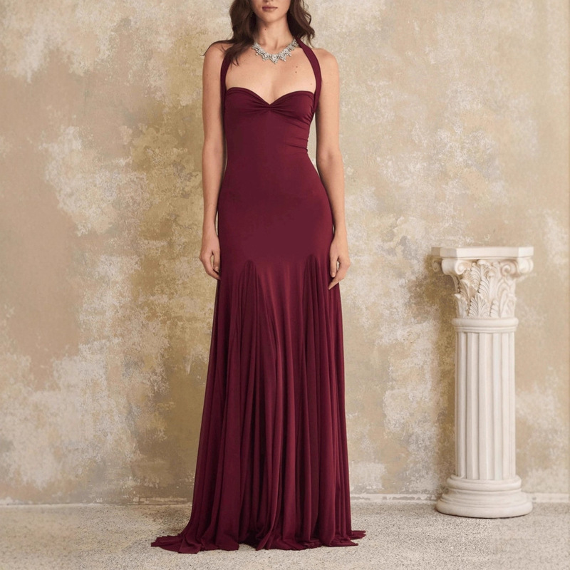 Independent Station Cross-Border European and American Fashion New Halter Neck Wrap Chest Backless Sexy Slim Floor-Length Elegant Dress