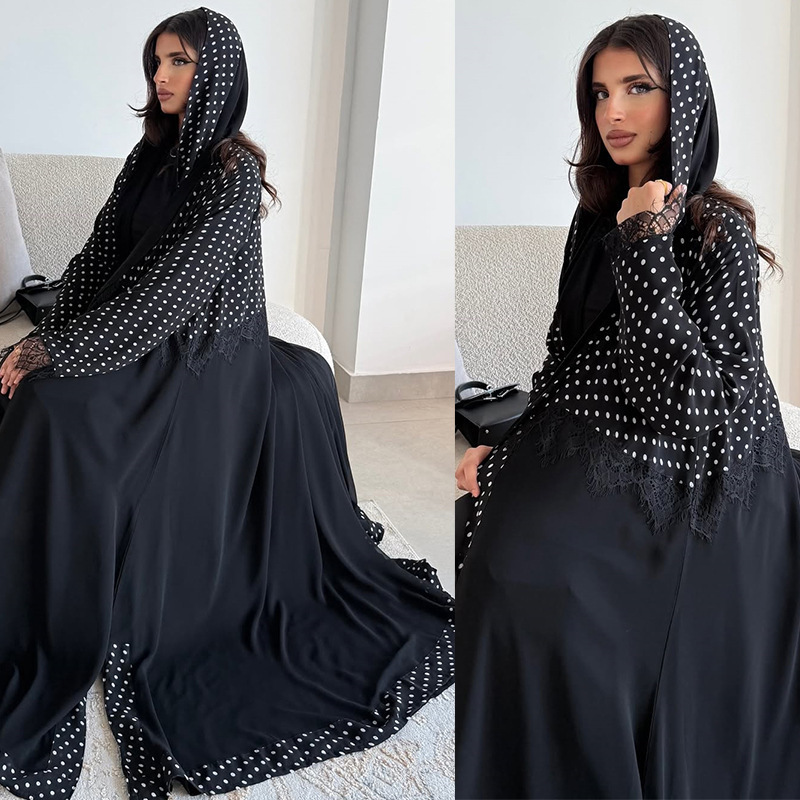 Ln260 Modest New Fashion Long Dress with Lace Trim and Polka Dot Scarf Cardigan for Outerwear