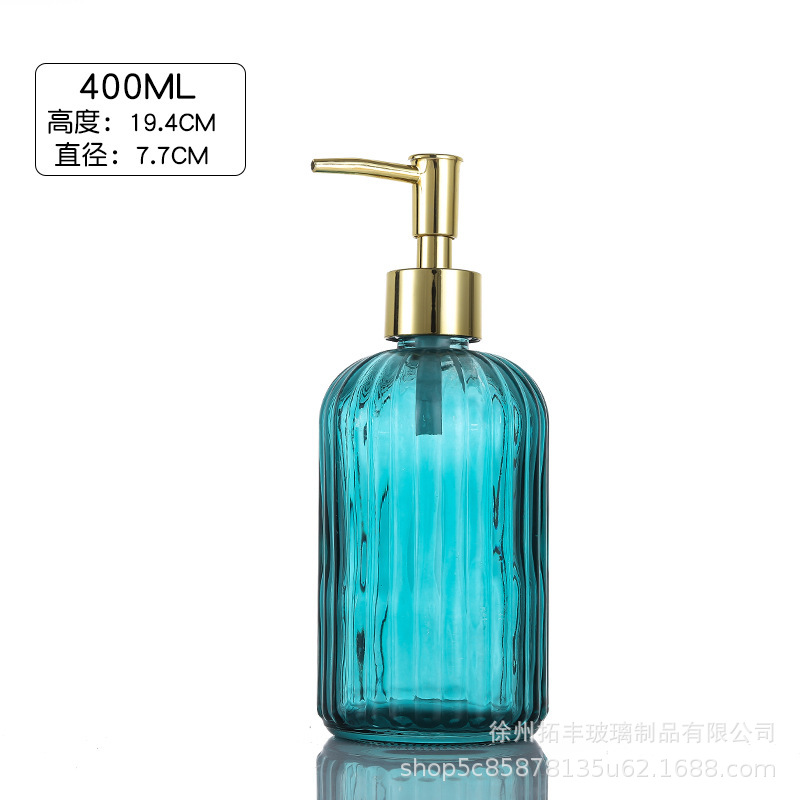 400ml; botella azul del pavón + cabeza de bomba de oro; vidrio