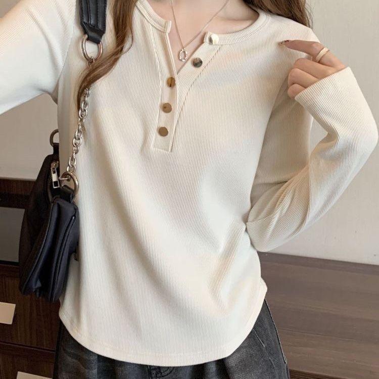 Threaded Half-Open Collar Irregular Bottoming Shirt for Women with Large Size Women's Spring, Autumn and Winter Slimming Look Large Size Long-Sleeved Tops for Women