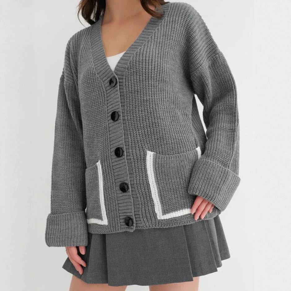 Cross-Border Foreign Trade Pocket Color-Blocking Knit Cardigan 2025 Spring and Autumn New Loose Plus-Size V-Neck Sweater Women's Jacket