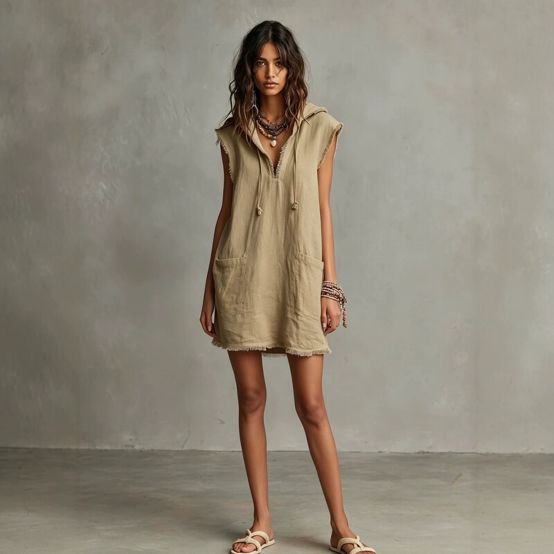 2026 New European and American Cross-Border Style V-Neck Linen Shirt Dress for Women with Hood. Sleeveless. Frayed Edges. Linen Dress 2026 New European and American Cross-Border Style V-Neck Linen Shirt Dress for Women with Hood. Sleeveless. Frayed Edges. Linen Dress