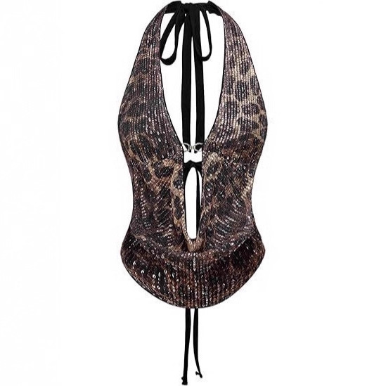 2025 Amazon European and American Cross-Border Women's Leopard Print Sequin Top Y2K Lace-Up Backless Corset Halterneck Short Top 2025 Amazon European and American Cross-Border Women's Leopard Print Sequin Top Y2K Lace-Up Backless Corset Halterneck Short Top