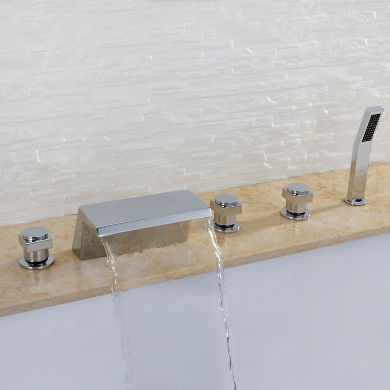 Bathtub Faucet with Waterfall Spout, Five-Piece Set with Pull-Out Showerhead, Suitable for Hotels, Guesthouses, and Bathhouses, Chrome Finish