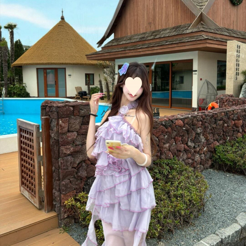 2025 新しい夏のスタイルフレンチフリルメッシュホルターネックドレス女性の海辺の休暇美しい不規則なロングスカート|undefined