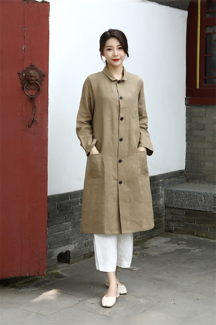 清仓不换 春季新品砂洗亚麻复古长款风衣外套女