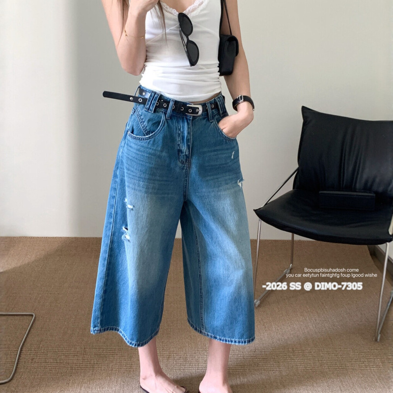 Dimo Retro Distressed Cropped Jeans for Women 2026 Summer New High-Waisted Slimming Petite Wide-Leg Pants