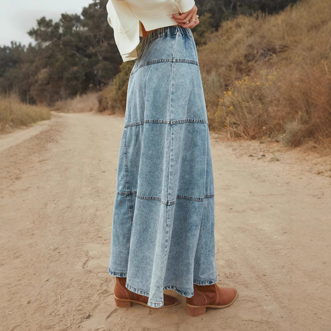 Denim Skirt For Women, A-line Layered Design With Splicing_voghion.com