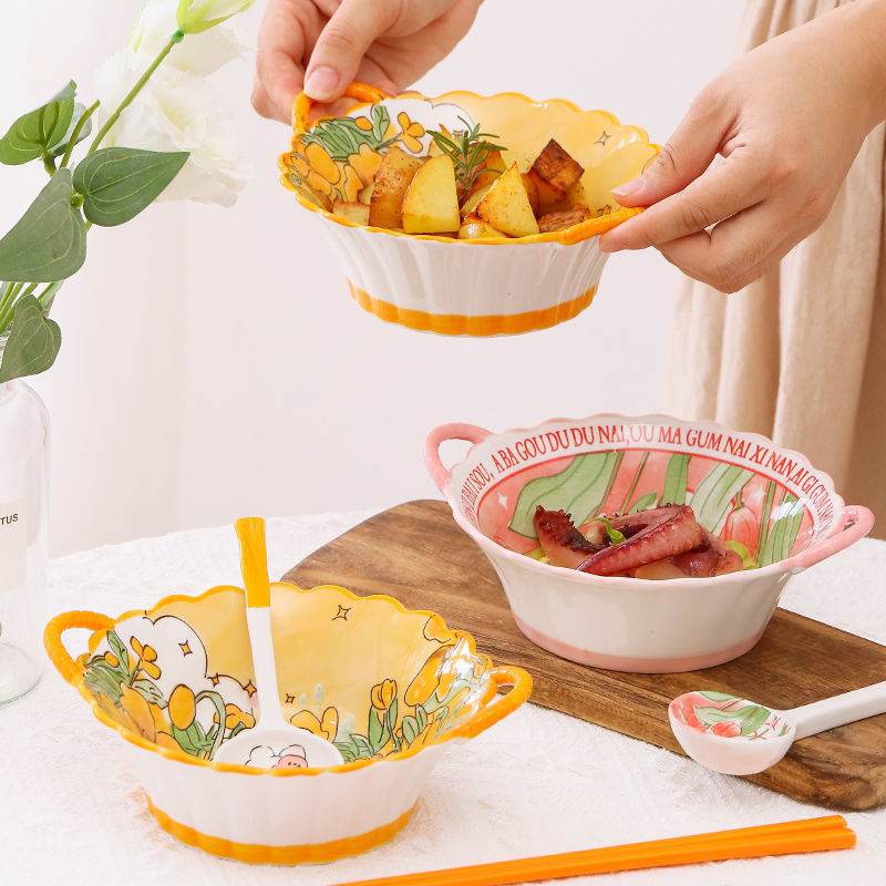 网红碗高颜值家用泡面碗双耳碗创意卡通甜品碗可爱米饭碗陶瓷餐具