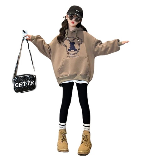 Girls' loose velvet hooded sweatshirt  autumn and winter new medium and large children's all-in-one velvet bottoming shirt Korean style top trend