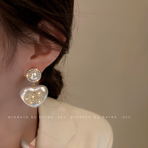 925 silver needle set with diamonds and pearls double circle love earrings French retro trendy earrings autumn and winter exquisite earrings for women